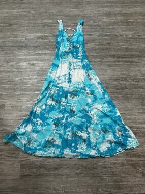 Vintage Y2K Illusions Blue Ocean Abstract Tie Dye Lace Up Back Dress Small USA